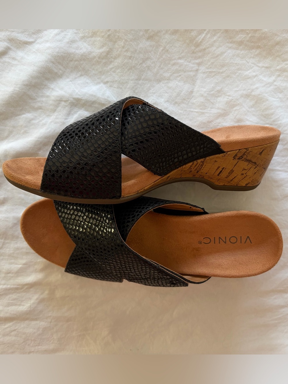 Vionic Leticia Black Snake-Texture Slide Wedge Sz 8 NWOT